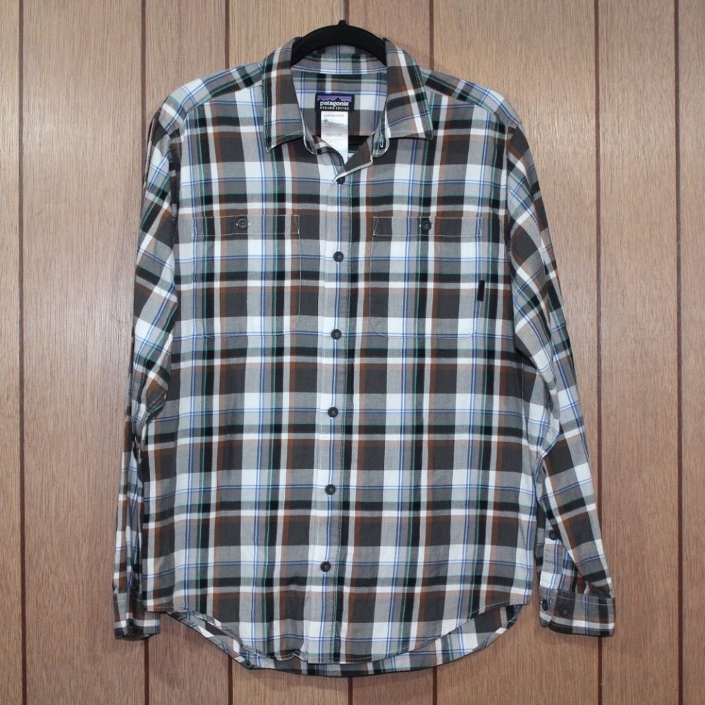 Patagonia Men's Plaid Button-Down Shirt in Brown, White, Blue